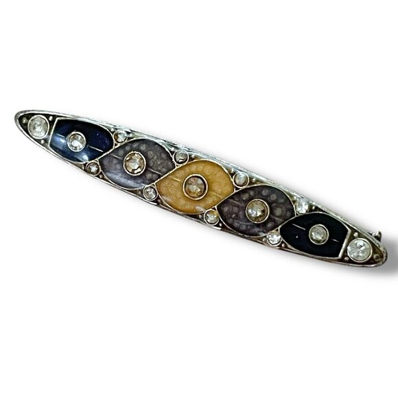 Vintage Pierre Bex Art Deco Revival Brooch Black Gold Enamel Rhinestone Bar Pin - Picture 4 of 8